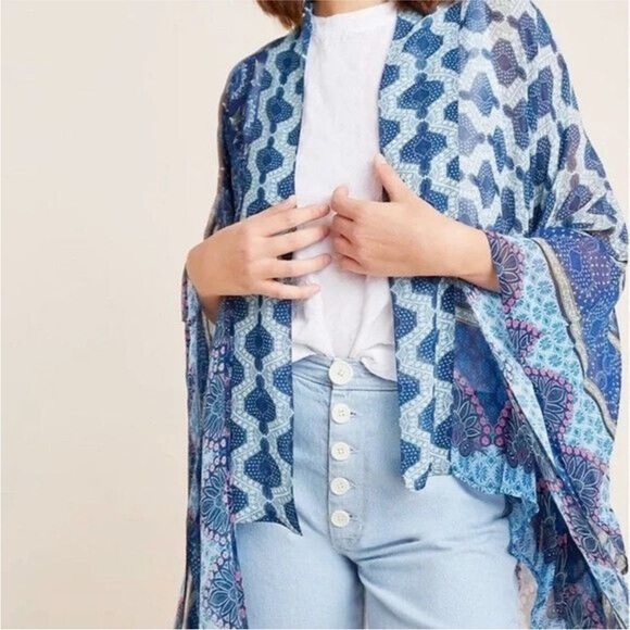 Anthropologie Other - Akemi + Kin Blue Patchwork Kimono Open Front Sheer Boho Layering Wrap OS